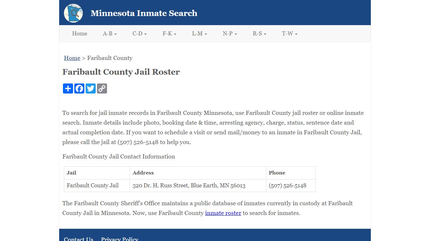Faribault County Jail Roster - Minnesota Inmate Search