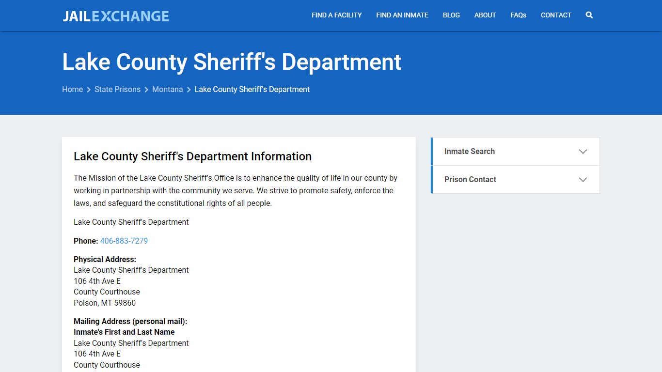 Lake County Sheriff's Department Inmate Search, MT - Jail Exchange
