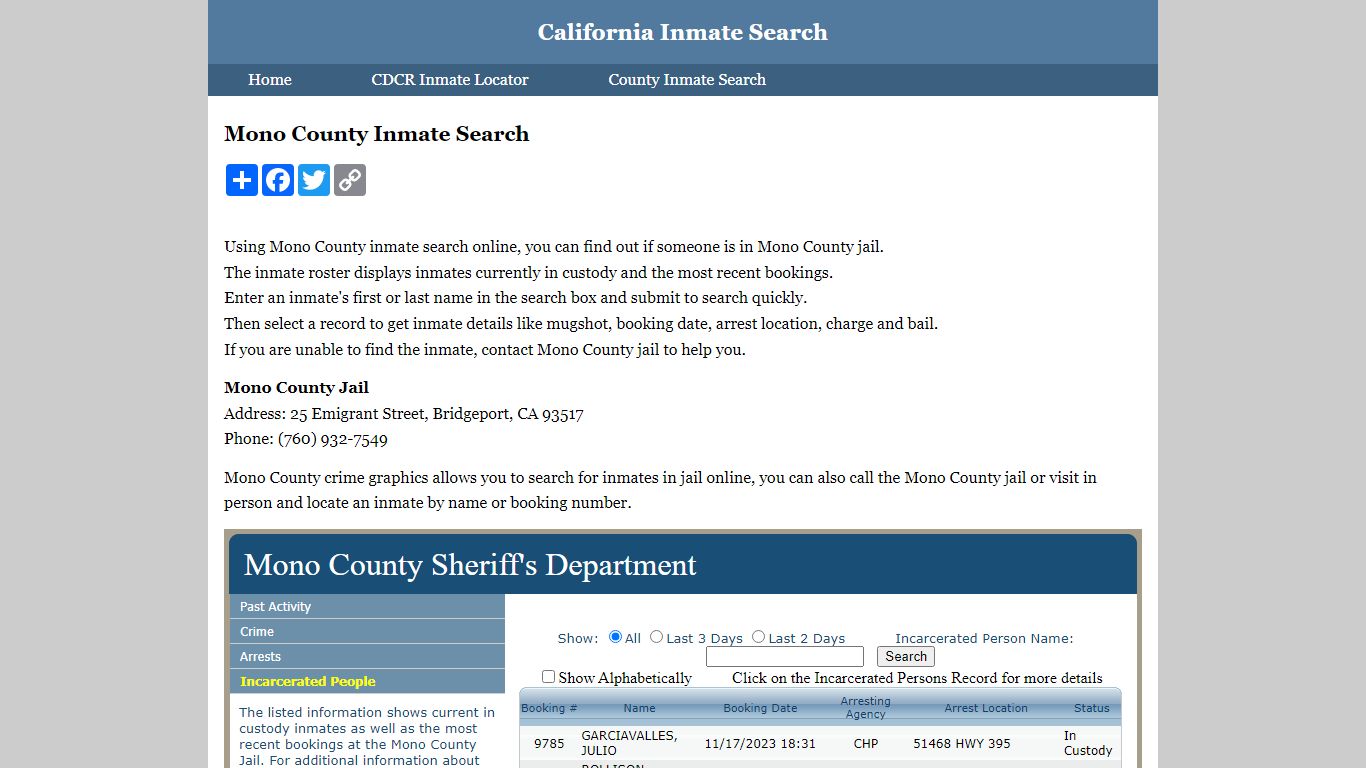 Mono County Inmate Search - California Inmate Search