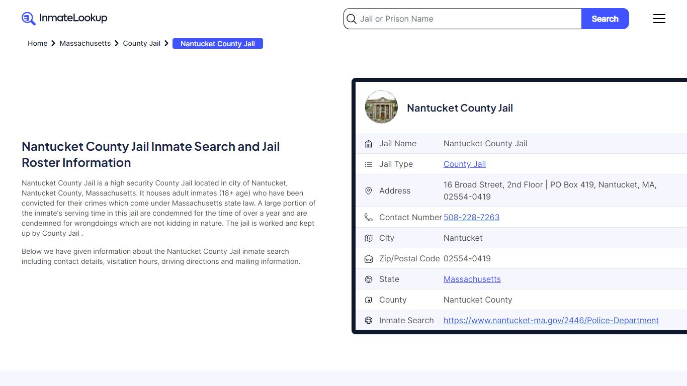 Nantucket County Jail (MA) Inmate Search Massachusetts - Inmate Lookup