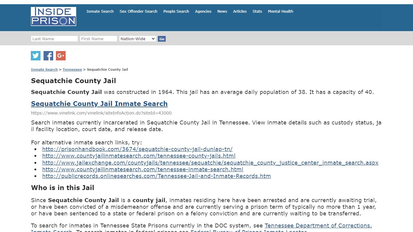 Sequatchie County Jail - Tennessee - Inmate Search - Inside Prison