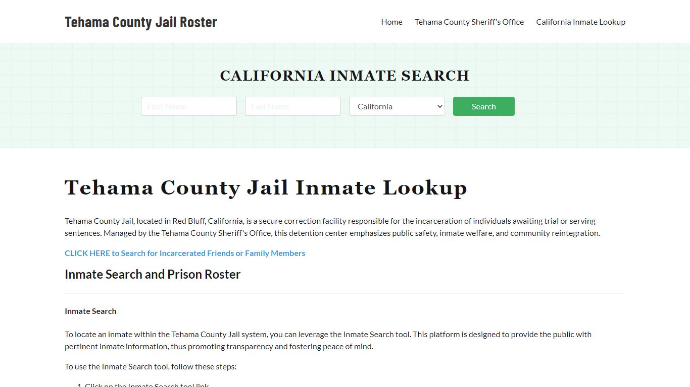 Tehama County Jail Roster Lookup, CA, Inmate Search