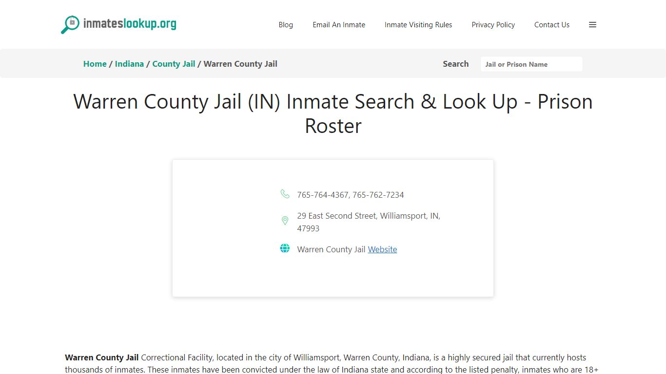 Warren County Jail (IN) Inmate Search & Look Up - Prison Roster